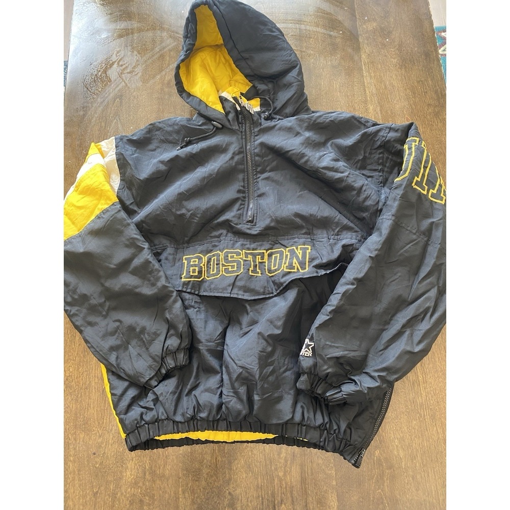 Vintage Boston Bruins Mens Starter 1/2 Zip Pullover Jacket NHL Large Black Heavy